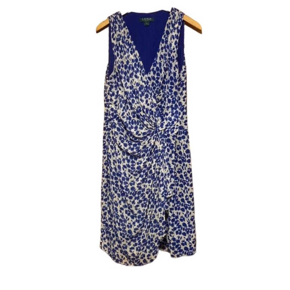 Ralph Lauren blue and white sleeveless faux wrap dress size 12